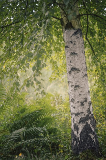 Birch (Betula sp.), white birch trunk with dark bark markings in fern undergrowth, soft diffuse light with slight backlighting and calm, green forest atmosphere, Dortmund, North Rhine-Westphalia, Germany