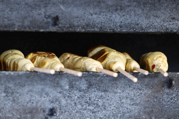 Stockbrot, Christmas market, city of Esslingen, district of Esslingen, Baden-Württemberg, Germany
