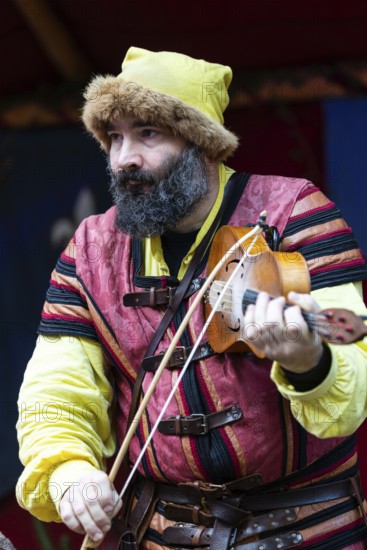 Violinist, musician, medieval clothing, medieval market, city of Esslingen, district of Esslingen, Baden-Württemberg, Germany
