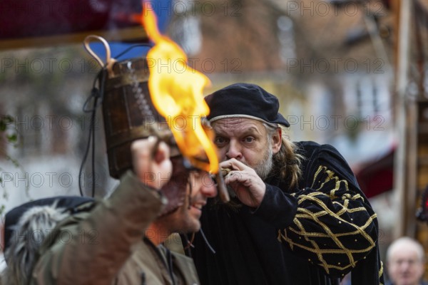 Alchemist, fire, medieval clothing, medieval market, city of Esslingen, district of Esslingen, Baden-Württemberg, Germany