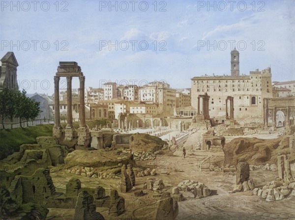 Roman Forum, Roman Market Square, in Rome is the oldest Roman forum and was the center of political, economic, cultural and religious life, Italy, authentic reproduction of a school mural, historical, around 1900