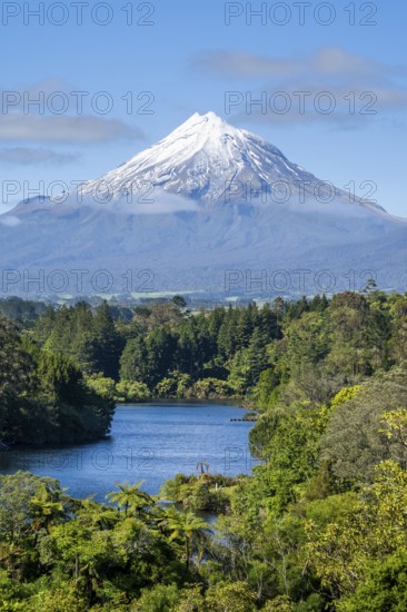Lake Mangamahoe with views of Mount Taranaki. Egmont National Park, Taranaki Region, North Island, New Zealand
