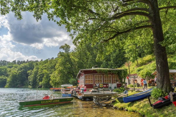 Ferry station, canoe rental and café on Lake Schmaler Luzin, Hullerbusch Nature Reserve, Feldberg Lake District, Mecklenburg Lake District in Mecklenburg-Western Pomerania, Germany