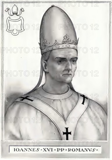John XVI (born in Rossano, died 26 August 1001 in Rome), with the secular name John Philagathos (Middle Greek ??????? F????a???), was antipope to Pope Gregory V from 997-998, Historical, authentic, digitally restored reproduction from a 19th century original, Record date not stated