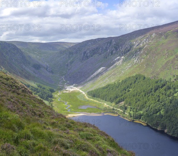View of Upper Lake and Miners Village, Wicklow Mountains National Park, Glendalough, Brockagh, County Wicklow, Ireland