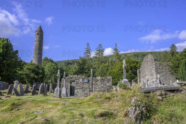Round Tower and Cemetery, Glendalough, Wicklow Mountains National Park, Brockagh, County Wicklow, Ireland