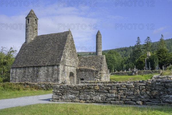 St. Kevin's Church and Round Tower, Glendalough, Wicklow Mountains National Park, Brockagh, County Wicklow, Ireland
