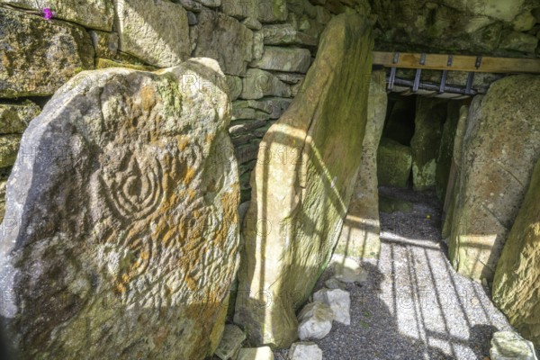 Entrance with decorated wall stone of Loughcrew Cairns a megalithic grave, Stonefield, County Meath, Ireland