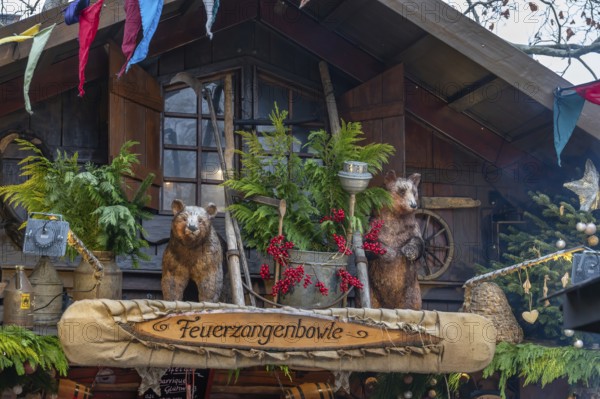 Decorative design at a stand with Feuerzangenbowle, Historic Christmas Market at Neustädter church square Erlangen, Middle Franconia, Bavaria, Germany