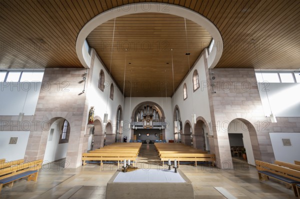 Interior with a view of the organ gallery, St. Ottokirche, Lauf an der Pegnitz, built around 1900, renovation 1970 to 1971, Ottogasse 5, Middle Franconia, Bavaria, Germany