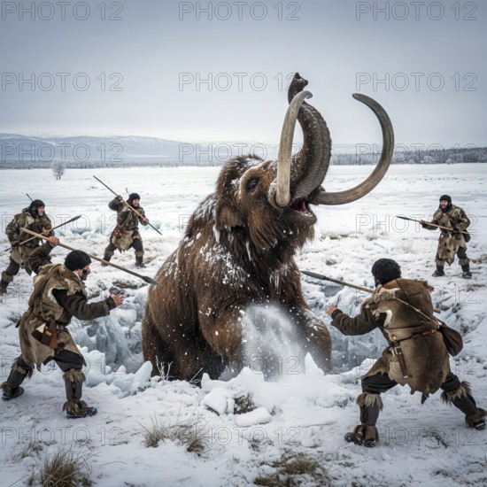 A mammoth (Mammuthus) in a pit in the ice age cold steppe is attacked by prehistoric hunters with spears, symbolic image woolly mammoth, Mammuthus primigenius, elephant, ice age, prehistoric, extinct, animal world, fossil, AI generated