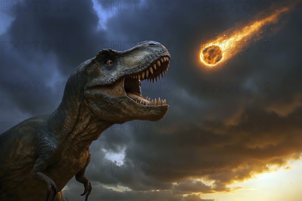 A Tyrannosaurus rex hunts looks startled at a fiery asteroid that hits the earth, symbol carnivore, lizard, prehistoric period, terrifying, paleontology, herbivore, meteor, celestial body, eradication, extinction, dinosaur, extinct, fossil, prehistoric, AI, AI generated