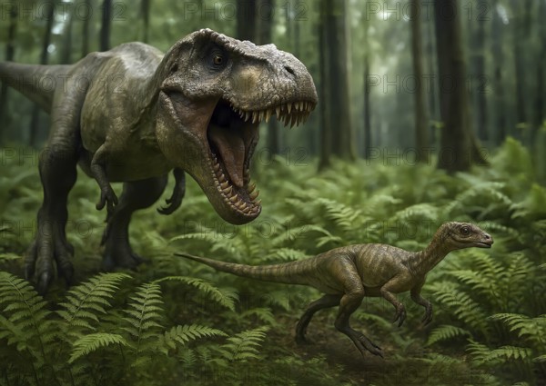 A Tyrannosaurus rex hunts a small dinosaur in a prehistoric forest of ferns, symbol carnivore, lizard, prehistoric, terrifying, paleontology, herbivore, extinct, fossil, prehistoric, AI generated