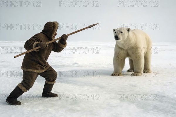 An Inuit hunts a polar bear in the snowy Arctic, symbol Eskimo, polar region, winter, hunting, indigenous people, indigenous people, ethnic group, fur clothing, AI generates, AI generated