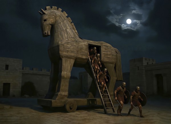 The Trojan horse stands at night in the ancient city of Troy, Greek warriors get out of the belly of the wooden horse, symbol of antiquity, mythology, Trojan War, Homer, Illiad, Priam, Hector, Achilles, soldiers, Cassandra, Laocoon, AI generated