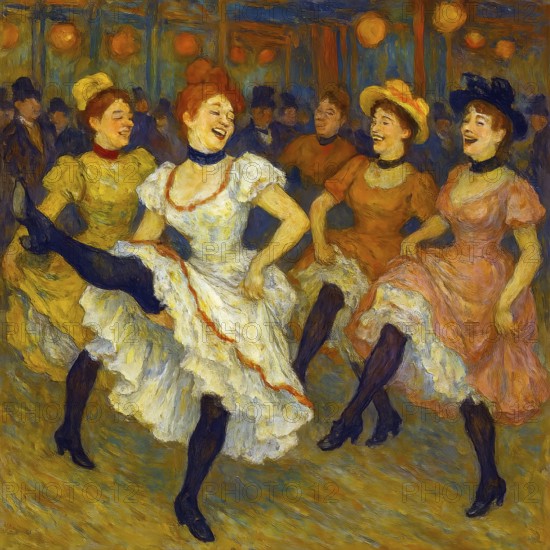 Dancers dancing the cancan in the Moulin Rouge restaurant in the style of a lithograph by Toulouse Lautrec, symbolic image dance, dance hall, Henri de Toulouse-Lautrec, French, pleasure, rhythmic, dancing, joy, Montmartre, AI generated