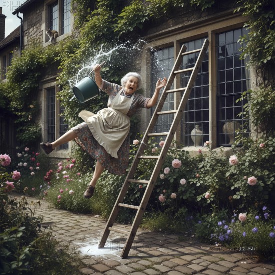 An elderly woman falls from a ladder, symbolic picture household, accident, fall, household accident, injured, injury, illness, illness, insurance, broken bone, AI generated
