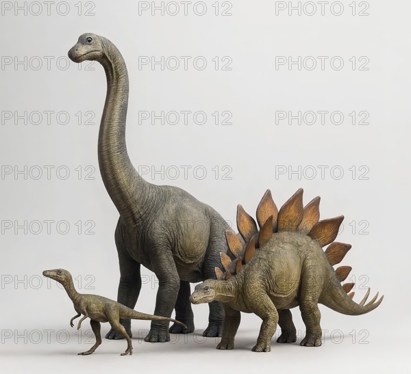 Size comparison dinosaur, a brontosaurus, a stegosaurus and a compsognathus, fossil, extinct, prehistoric, dinosaur, lizard, prehistoric period, paleontology, reptile, AI generated