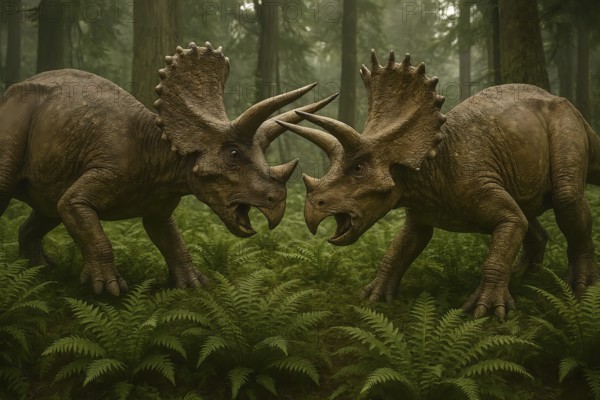 Two dinosaurs, two triceratops, with threatening gestures in a prehistoric forest, symbol fossil, extinct, prehistoric, dinosaur, prehistoric period, threat, threaten, fight, territory, turf, AI generated