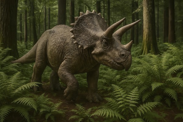 A dinosaur, a triceratops, runs through a prehistoric forest, symbol fossil, extinct, prehistoric, dinosaur, prehistoric, AI generated