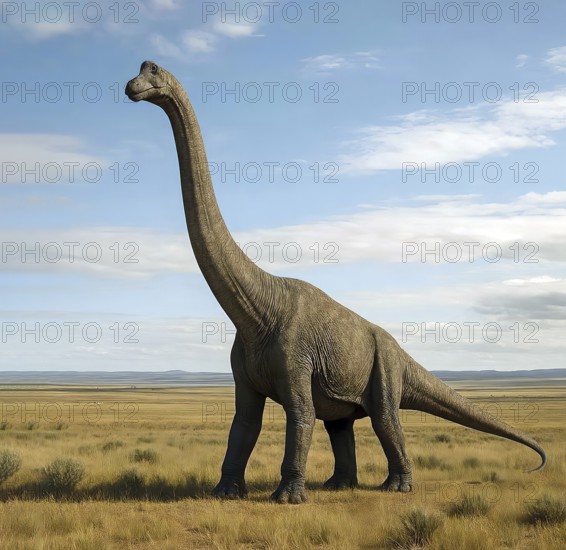 A dinosaur, a brachiosaurus, in the prehistoric steppe, fossil, extinct, prehistoric, dinosaur, lizard, prehistoric period, paleontology, reptile, AI generated