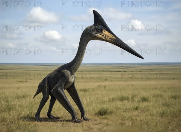 A dinosaur, a Quetzalcoatlus, in the prehistoric steppe, fossil, extinct, prehistoric, Cretaceous, dinosaur, lizard, prehistoric period, paleontology, reptile, pterosaur, AI generated