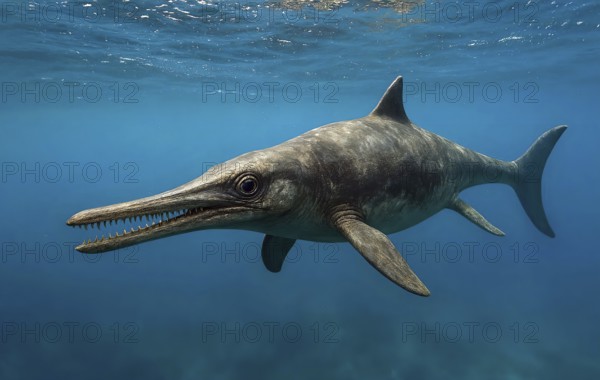 A dinosaur, an ichthyosaur in ocean water, fossil, extinct, prehistoric, Cretaceous, dinosaur, lizard, prehistoric period, paleontology, reptile, marine dinosaur, fish dinosaur, AI generated