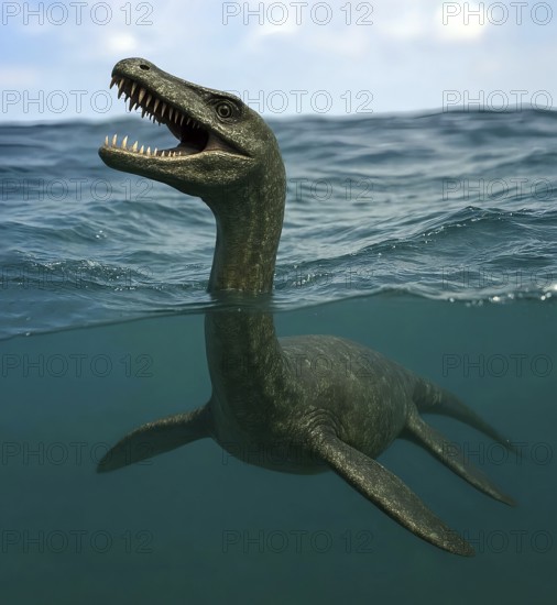 A dinosaur, a plesiosaurus in ocean water, fossil, extinct, prehistoric, Cretaceous, dinosaur, lizard, prehistoric period, paleontology, reptile, marine dinosaur, AI generated