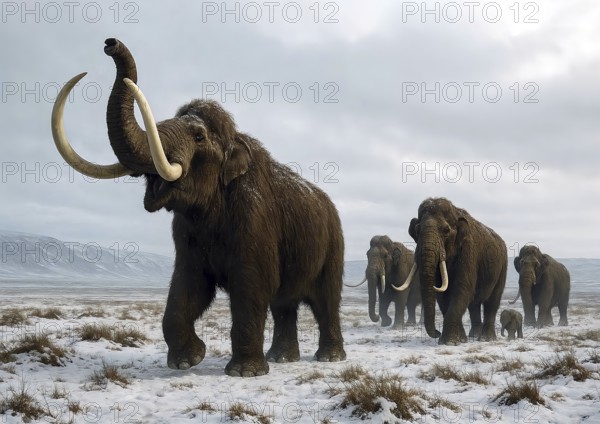 A herd of mammoths (Mammuthus) in the ice-age cold steppe, symbolic image woolly mammoth, Mammuthus primigenius, elephant, ice age, ice-age, prehistoric, extinct, animal world, fossil, AI generated