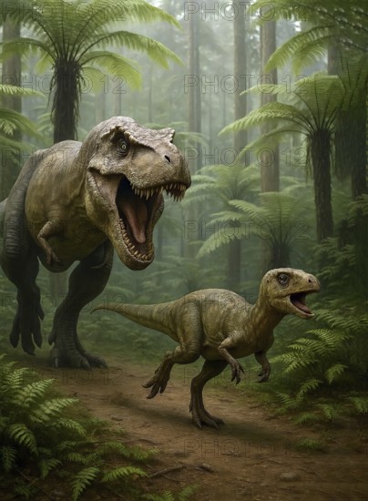 A Tyrannosaurus rex hunts a small dinosaur in a prehistoric forest of ferns, symbol carnivore, lizard, prehistoric, terrifying, paleontology, herbivore, extinct, fossil, prehistoric, AI generated