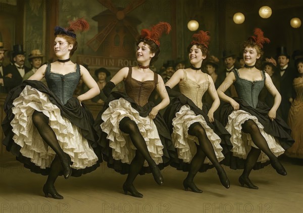 Dancers dancing the cancan in the Parisian restaurant Moulin Rouge, symbolic image dance, dance hall, Henri de Toulouse-Lautrec, French, pleasure, rhythmic, dancing, joy, Montmartre, AI generated