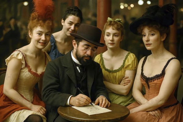 The painter Henri de Toulouse-Lautrec sits in Moulin Rouge in Paris surrounded by dancers, symbolic painting artist, lithograph, Montmartre, French, graphic artist, dance hall, impressionist, belle époque, poster art, color lithography, cancan, AI generated