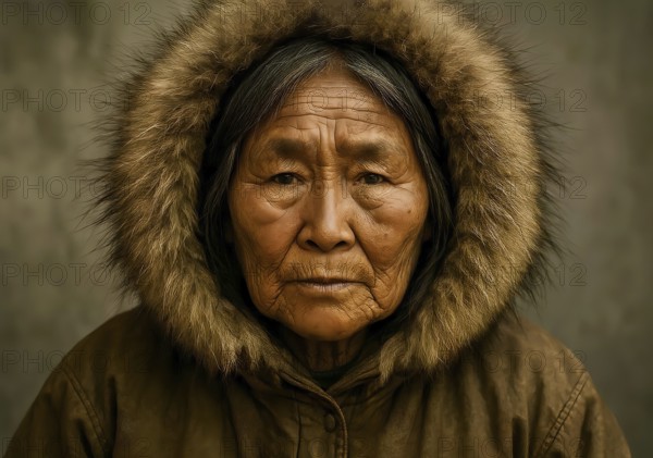 An old woman from the Inuit, portrait, symbolic image of Eskimo, polar region, winter, indigenous people, indigenous people, ethnic group, fur clothing, woman, AI generated