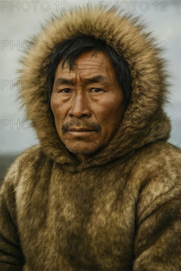 An old Inuit man, portrait, symbolic image Eskimo, polar region, winter, native, indigenous people, indigenous people, ethnic group, fur clothing, man, AI generated