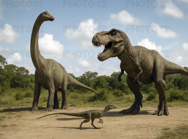 Size comparison dinosaur, a brontosaurus, a Tyrannosaurus rex and a compsognathus, fossil, extinct, prehistoric, dinosaur, lizard, prehistoric period, paleontology, reptile, AI generated
