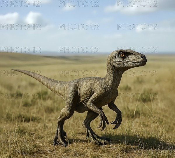 A dinosaur, a velociraptor in the prehistoric steppe, fossil, extinct, prehistoric, dinosaur, lizard, prehistoric period, paleontology, reptile, AI generated