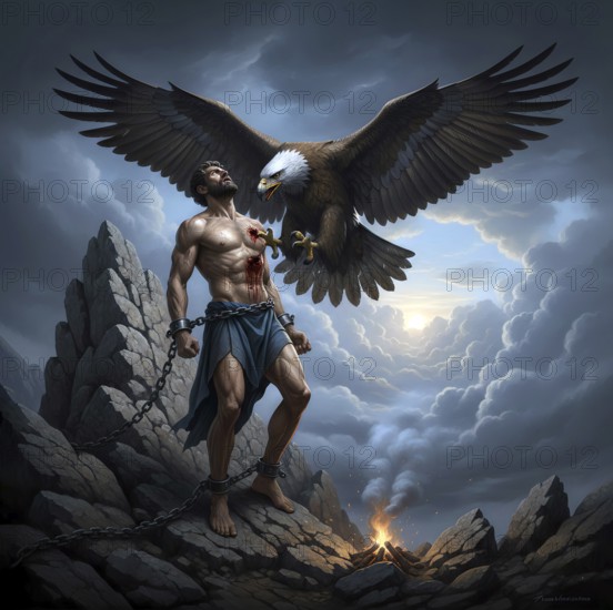 Prometheus chained to a rock, an eagle eats from his liver, symbolic image Greek mythology, antiquity, legend, titanium, fire, Zeus, god, gods, AI generated