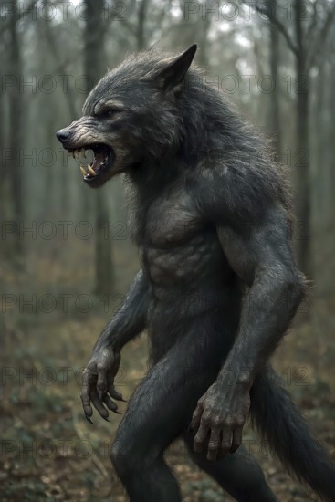 A werewolf after transformation in a dark forest, symbolic image beast, mythology, legend, horror, religion, fear, mythological creature, folklore, medieval, horror, AI generates, AI generated