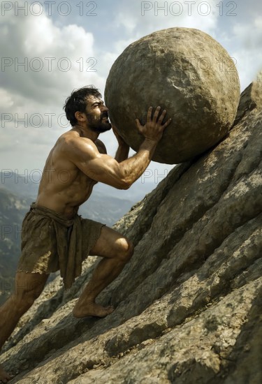 Sisyphus, Sisyphus, laboriously drags a heavy stone up the mountain, symbolic image endless, laborious, effort, Sisyphean work, mythological figure, Greek mythology, AI generated