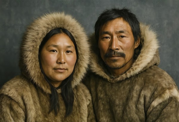 A couple of Inuit people, portrait, symbolic image Eskimo, polar region, winter, indigenous people, indigenous people, ethnic group, fur clothing, man, woman, AI generated
