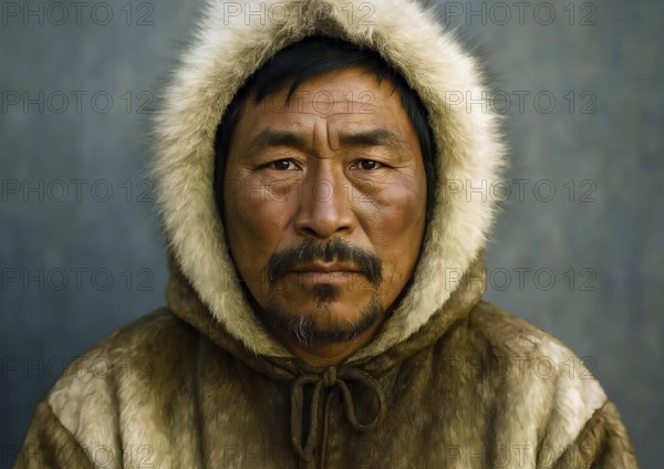 An old Inuit man, portrait, symbolic image Eskimo, polar region, winter, native, indigenous people, indigenous people, ethnic group, fur clothing, man, AI generated