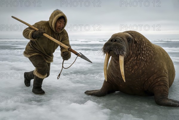 An Inuit hunts a walrus in the snowy Arctic, symbol Eskimo, polar region, winter, hunting, indigenous people, indigenous people, fur clothing, ethnicity, AI generated