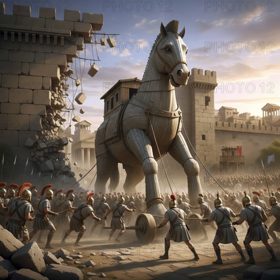 The Trojan horse pulled by Trojans to the ancient city of Troy, Greek warriors are hidden in their stomachs, symbolic image antiquity, mythology, Trojan war, Homer, Illiad, Priam, Hector, Achilles, soldiers, Cassandra, Laocoon, wooden, AI generated