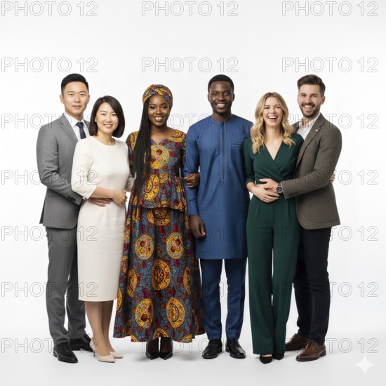 A couple of young people from Africa, from Europe and from Asia, man, woman, nation, national, skin color, symbolic ethnic group, cultural, characteristic, tradition, traditional, differences, commonality, understanding, peaceful, living together, AI generated