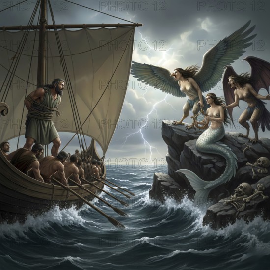 Odysseus wandering, tied to a mast to resist the singing of the sirens, symbolic image hybrid, Greek mythology, Homer, Odyssey, creature, deadly, beguiling, sailors, seductive, AI generated