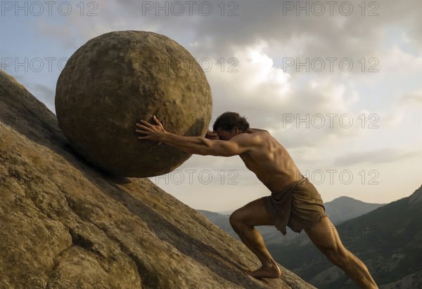 Sisyphus, Sisyphus, laboriously drags a heavy stone up the mountain, symbolic image endless, laborious, effort, Sisyphean work, mythological figure, Greek mythology, AI generated