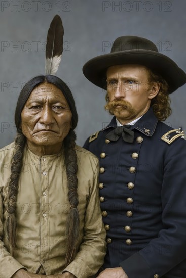 Portrait, Sioux Indian Chief Sitting Bull and General George Armstrong Custer, Enemy Symbolic Picture, Battle of the Little Bighorn, Indigenous People, North America, Indian War, US Cavalry, Indian Battle, Dakota, Lakota, Medicine Man, AI generated