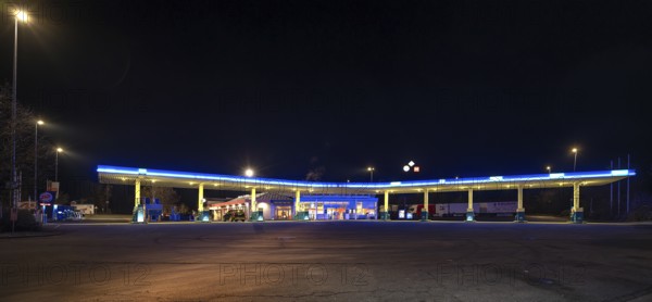 Gas station at night, Schnaittach, Middle Franconia, Bavaria, Germany