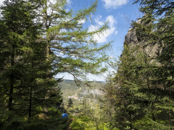 Rocks in the forest with a view of Oybin, Zittau Mountains, things, Germany