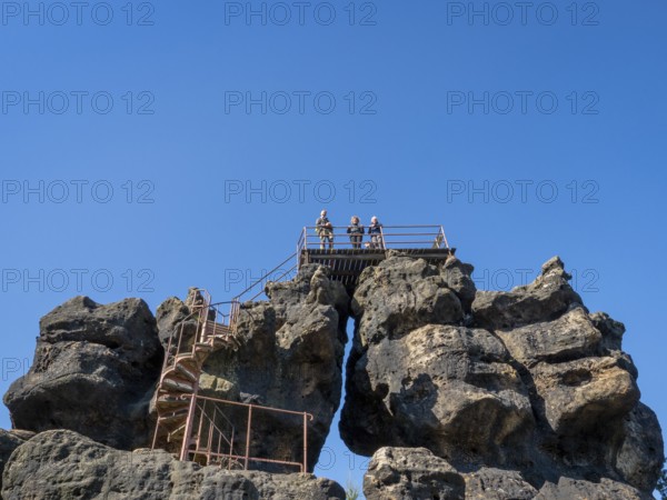 Rocks and rock group, with via ferrata and view, Töpferberg, Zittau Mountains, Saxony, Germany
